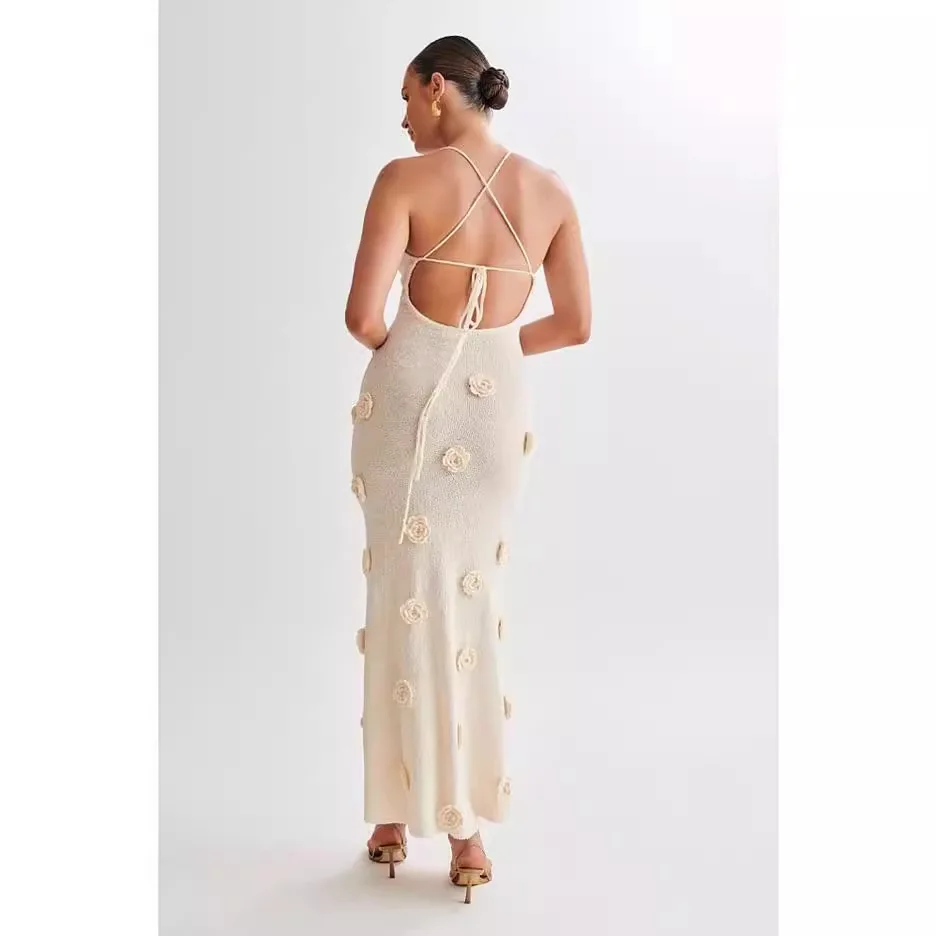 Robe longue à fleurs pour femmes, tenue élégante, dos nu, coupe cintrée, rétro, mode, vacances, décontractée, chic, look plage