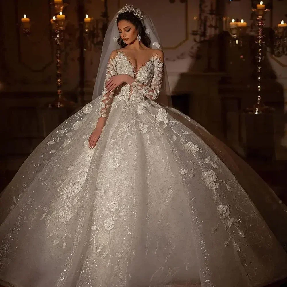 

Luxury Shining Ball Dress A-line Lace Decal Fluffy Wedding Dress V-neck Off Shoulder Long Sleeve Wedding Party Dress Custom
