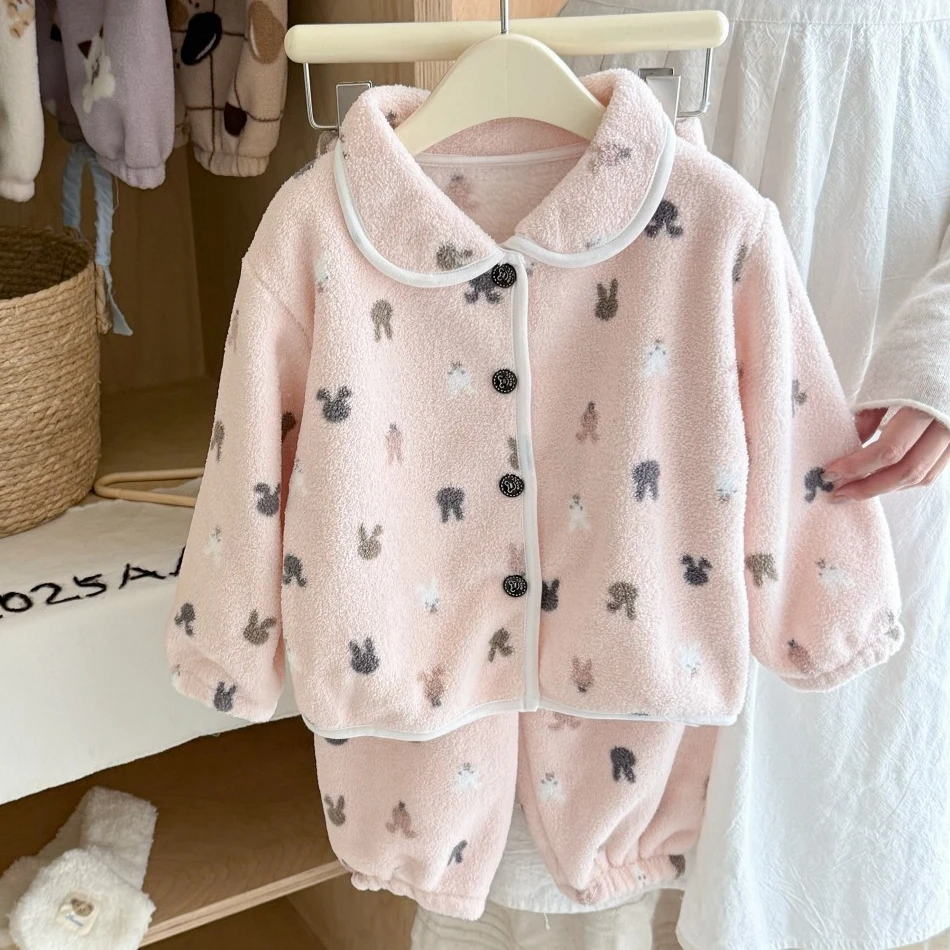جديد 2025 أطفال شتاء رشاقته الدافئة لينة الفانيلا منامة طفل لطيف الكرتون ملابس خاصة بنين بنات بيجامات غير رسمية مجموعة ملابس