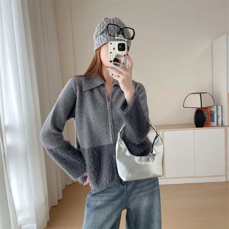 Frauen Kleidung Herbst Winter Einfachheit Alle-spiel Modische Stricken Zipper Einfarbig Frauen Patchwork drehen-unten Kragen Schweiß