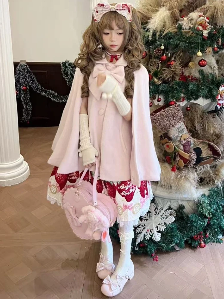 الشتاء اليابانية الحلو JK الوردي عباءة جاكيتات النساء عيد الميلاد Harajuku معاطف Kawaii واحدة الصدر الجمالية الصلبة القوس الملابس