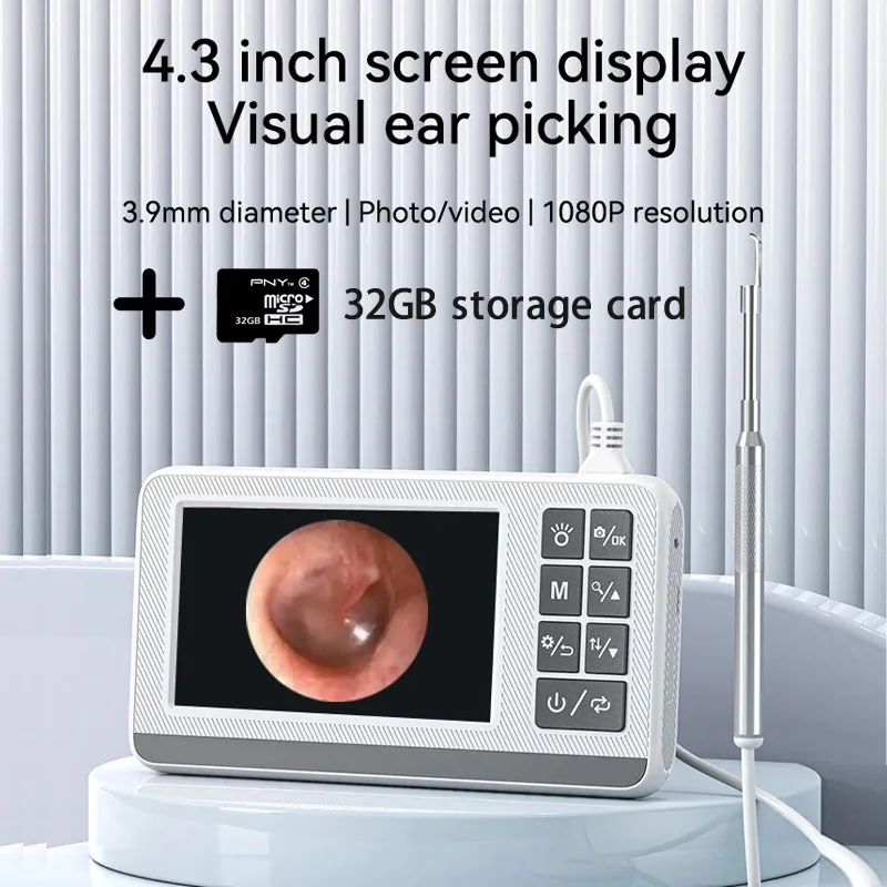 Digital Otoscope 3.9mm Lens 4.3 Inch Screen Ear Camera HD 1080P for Ear Cleaning for Kids and Adults Equip 32GB Big TF Card