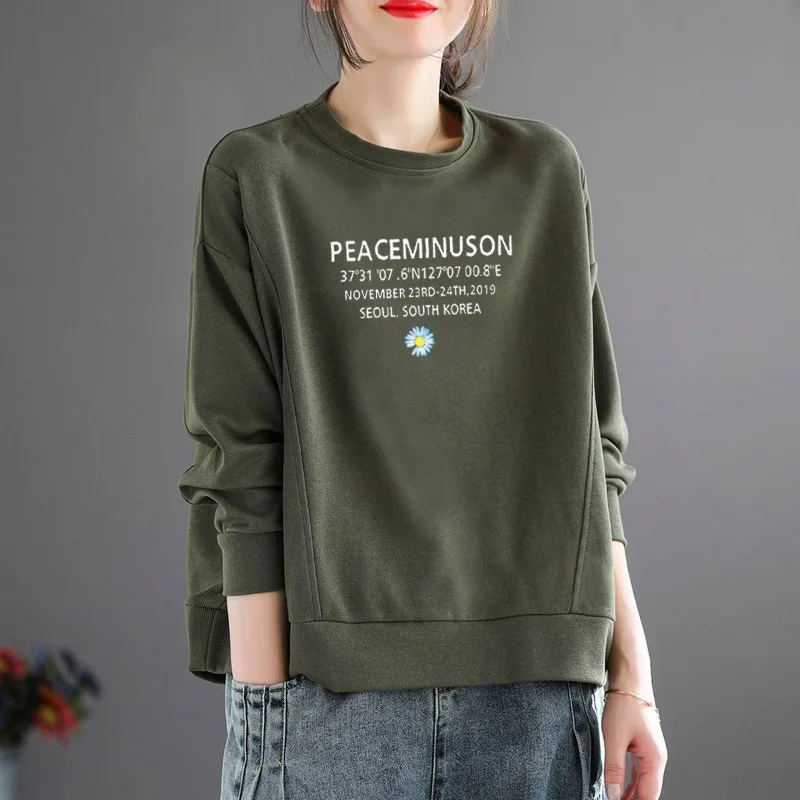 Women's Clothing Pullover Lantern Long Sleeve Spring Autumn Round Neck Letter Printing Plant&Flowers Casual Hoodies Vintage Tops