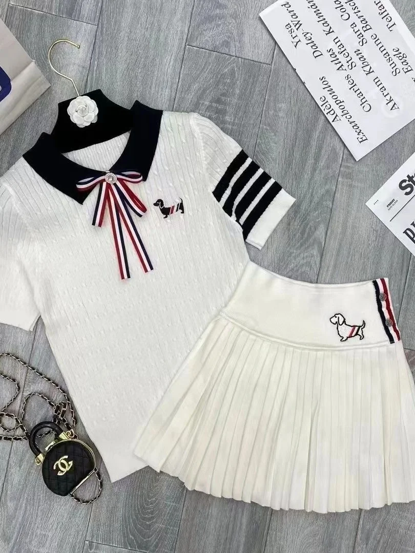 

Fashionable Knot Short Sleeve A-Line Skirt Set Women's Slimming Summer Two-Piece Cotton Princess Style round Neck
