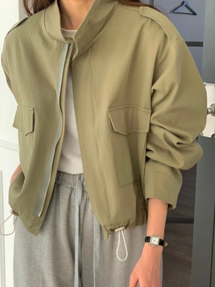 

Chic Summer Vintage Hong Kong Sle Zipper Design Loose Casual Versatile Long Sve ort Coat Women's Faion f High Collar