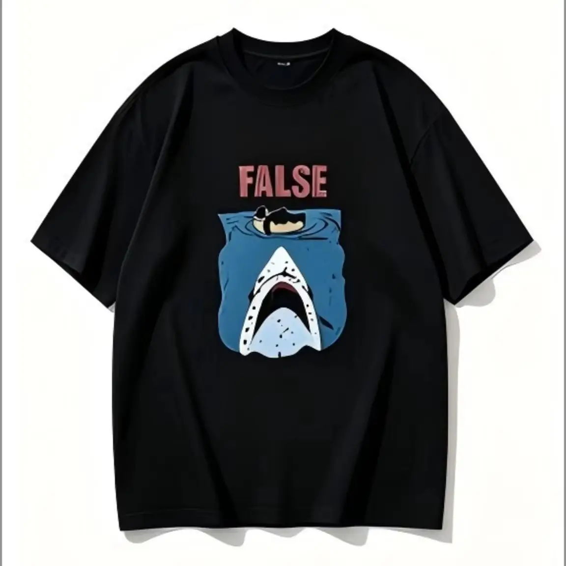 Vintage Distressed Shark Graphic T-Shirt, FALSE Letter Print Crew Neck Tee, Cool Hip Hop Streetwear Casual Short Sleeve Top