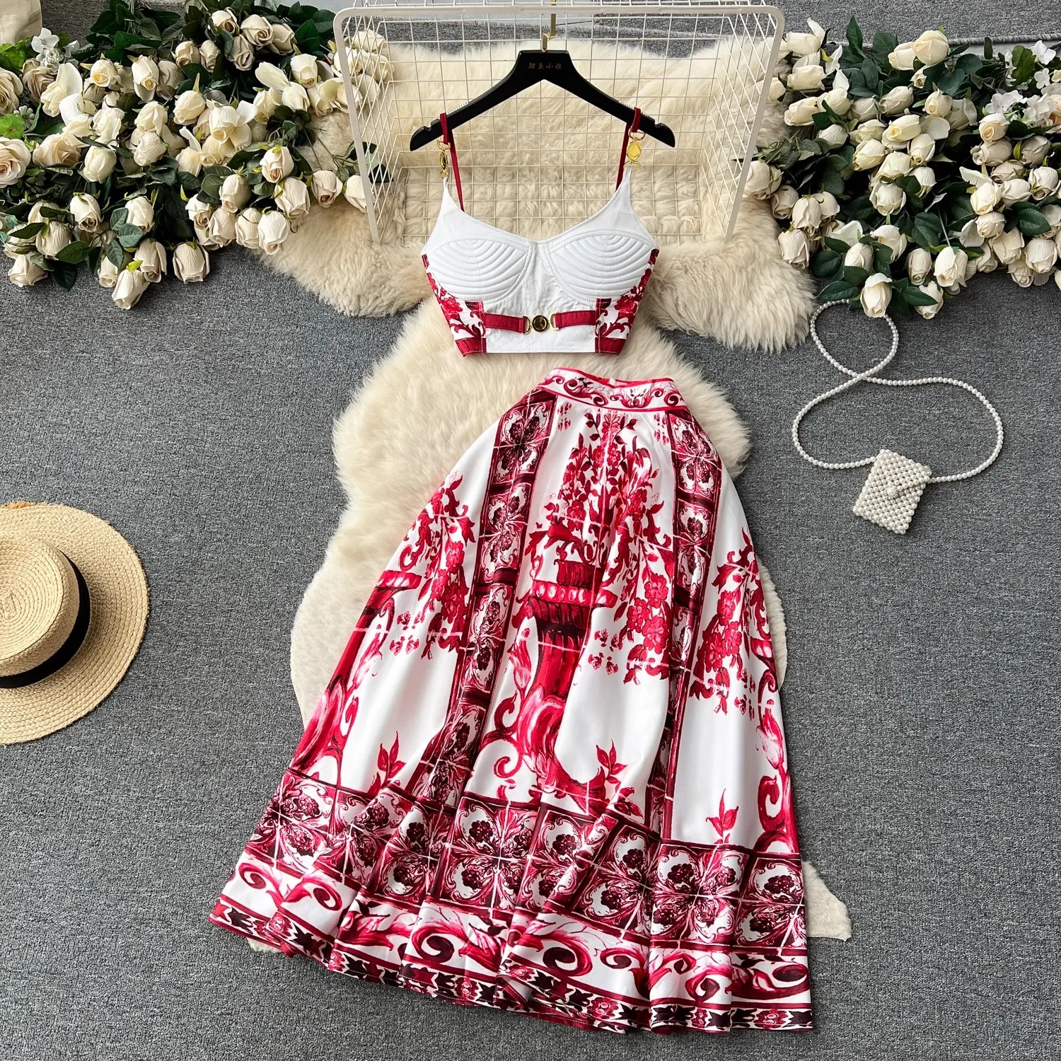 Summer Y2k Sexy Red Blue And White Porcelain Two Piece Set Women\'s Golden Buttons Bra Cup Sling Tube Tops + Maxi Long Skirt Suit