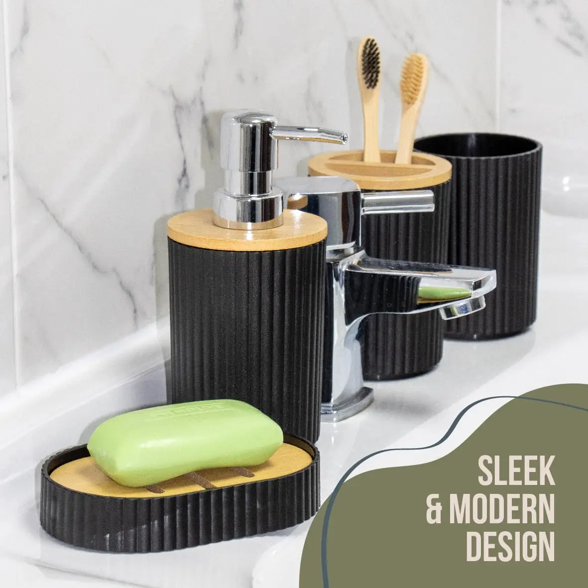 UNTIOR 6-Piece Bamboo Bathroom Accessory Set Lotion Bottles Toothbrush Holder Toothbrush Holder Soap Dish Toilet Brush Bin