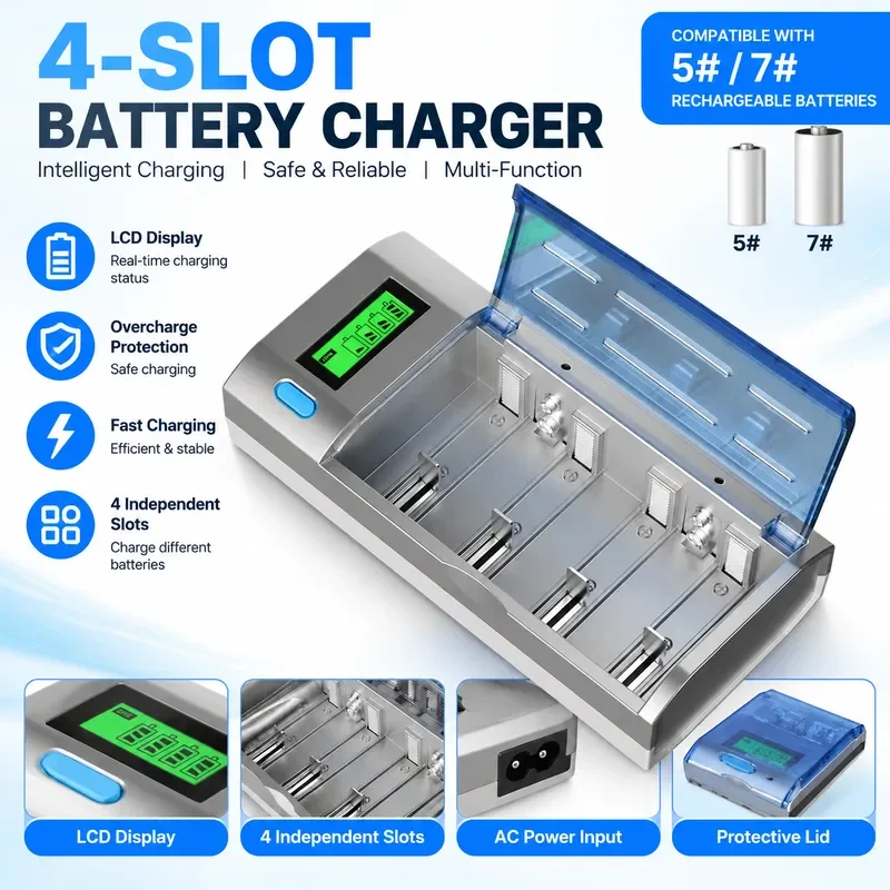 Smart LCD Battery Charger for NiMH NiCd AA AAA 4 Slots Rechargeable Batteries for Remote Control Toys
