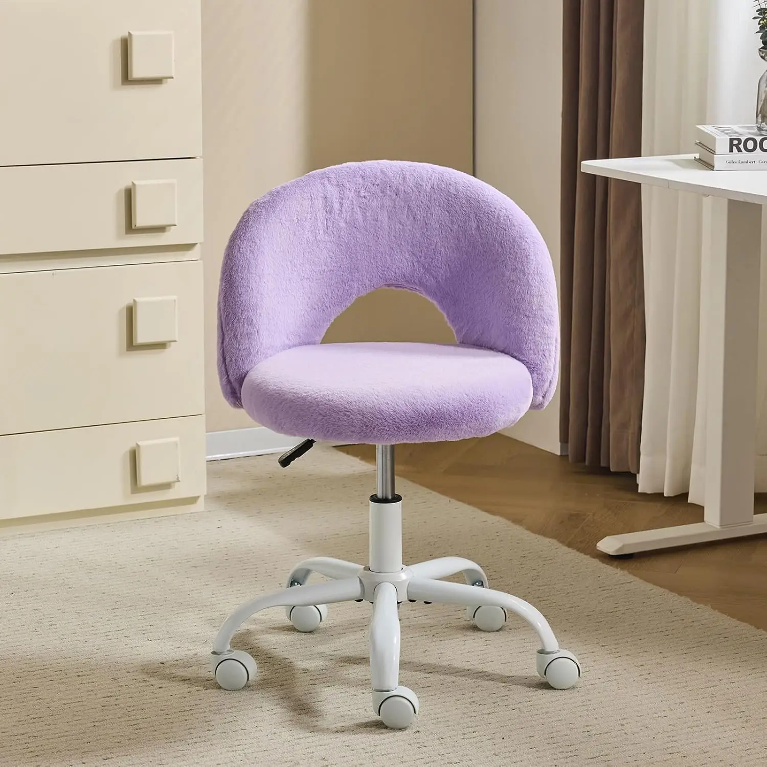 

Small Vanity Chair with Faux Fur Wheels for Girls,Cute Adjustable Height Armless Office Desk Chair,360°Swivel Comfy Rolling