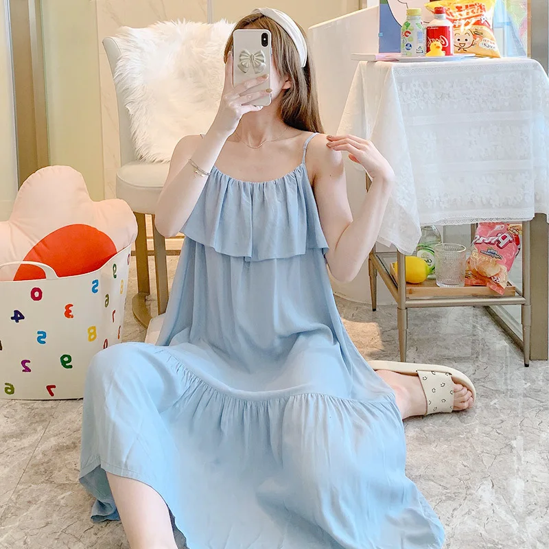 

Sexy Thin Strap Cotton Silk Sleep Dress Women's Home Clothes Artificial Cotton Nightgown Long Skirt Home Fashion plus Size