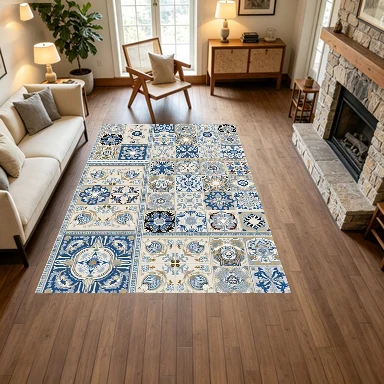 Mediterranean Blue Floral Tile Carpet Flooring Vintage Patchwork Pattern Home Floor Rug