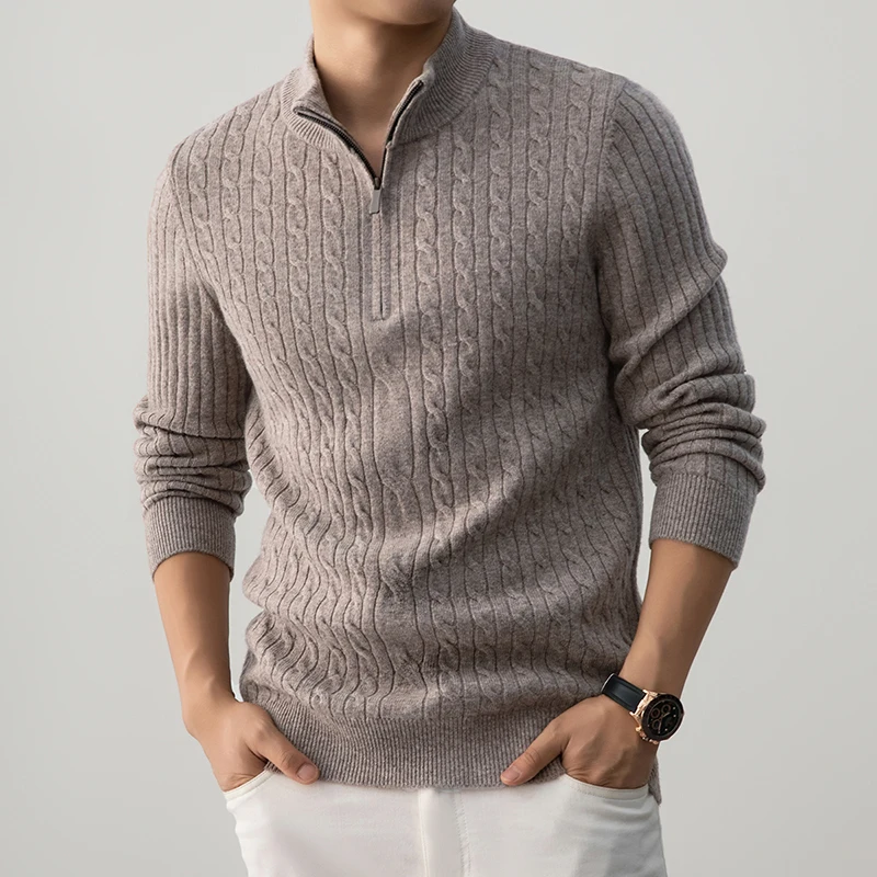 100% Pure Wool Zipper Sweater for Men 2025 Autumn Winter Fashion Twisted Long Sleeve Knitwear Male Sheep Wool Warm Clothes