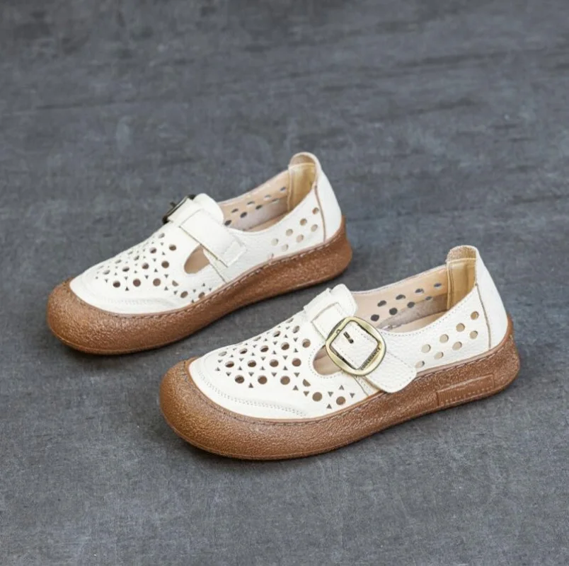 

Women New Spring Summer Real Leather Shoes Hollow Flats Women's Sandal Shoes Breathable and Comfortable Travel Shoes Flat