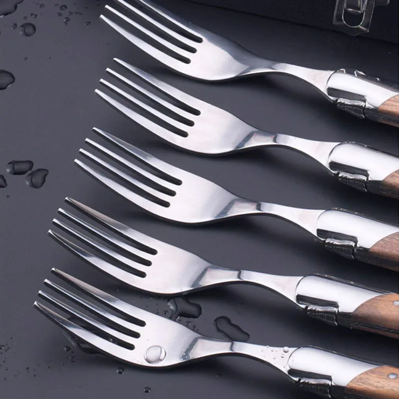 2-6pcs Laguiole Dinner Forks Long handle Wood Steak Fork Set Four Times Solid Wooden Forks Stainless Steel Dinnerware Cutlery