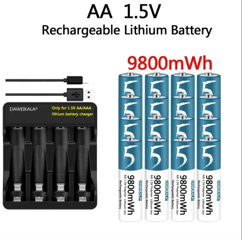 

1,5 В AA Li-9800 мАч, литий-ионная аккумуляторная батарея для пульта дистанционного управления, вентилятора мыши, электрическая игрушка с зарядным устройством USB
