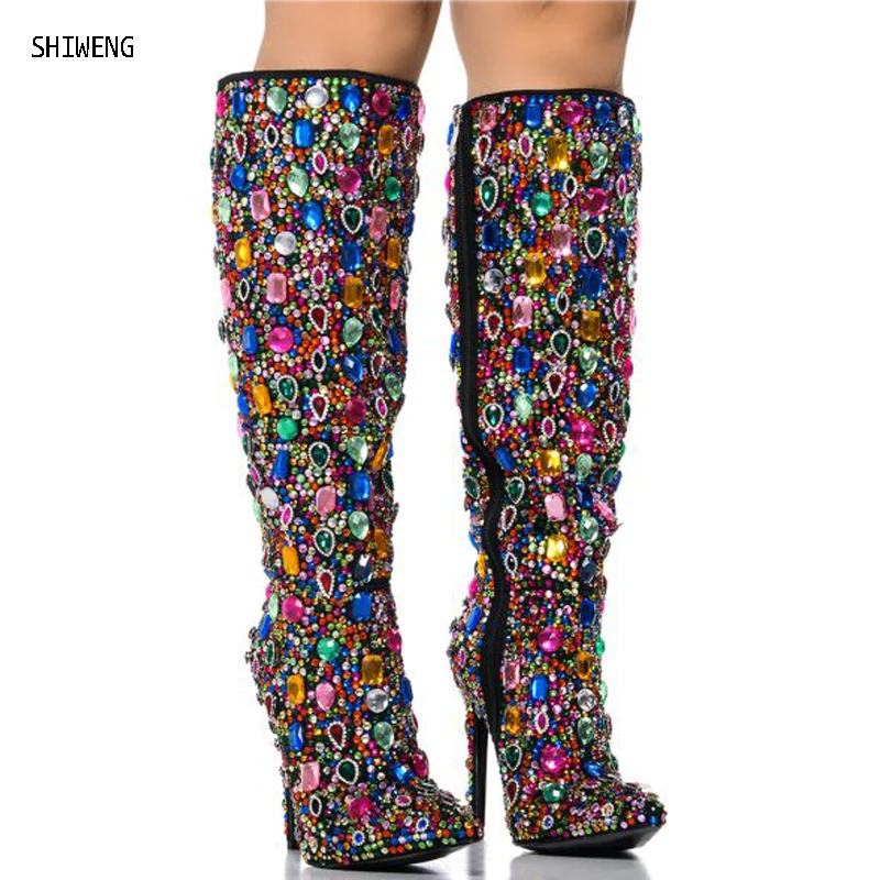 

Women Colorful Knee High Boots Rhinestone Boots Full Diamond Boots Glitter Bling Shiny Thin High Heel Handmade Stage Boots 44