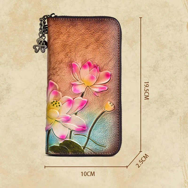 MOTAORA Vintage Long Wallets For Women Genuine Leather Phone Bags Lotus Floral Pattern Embossing Hand-painted Wallet Woman Purse