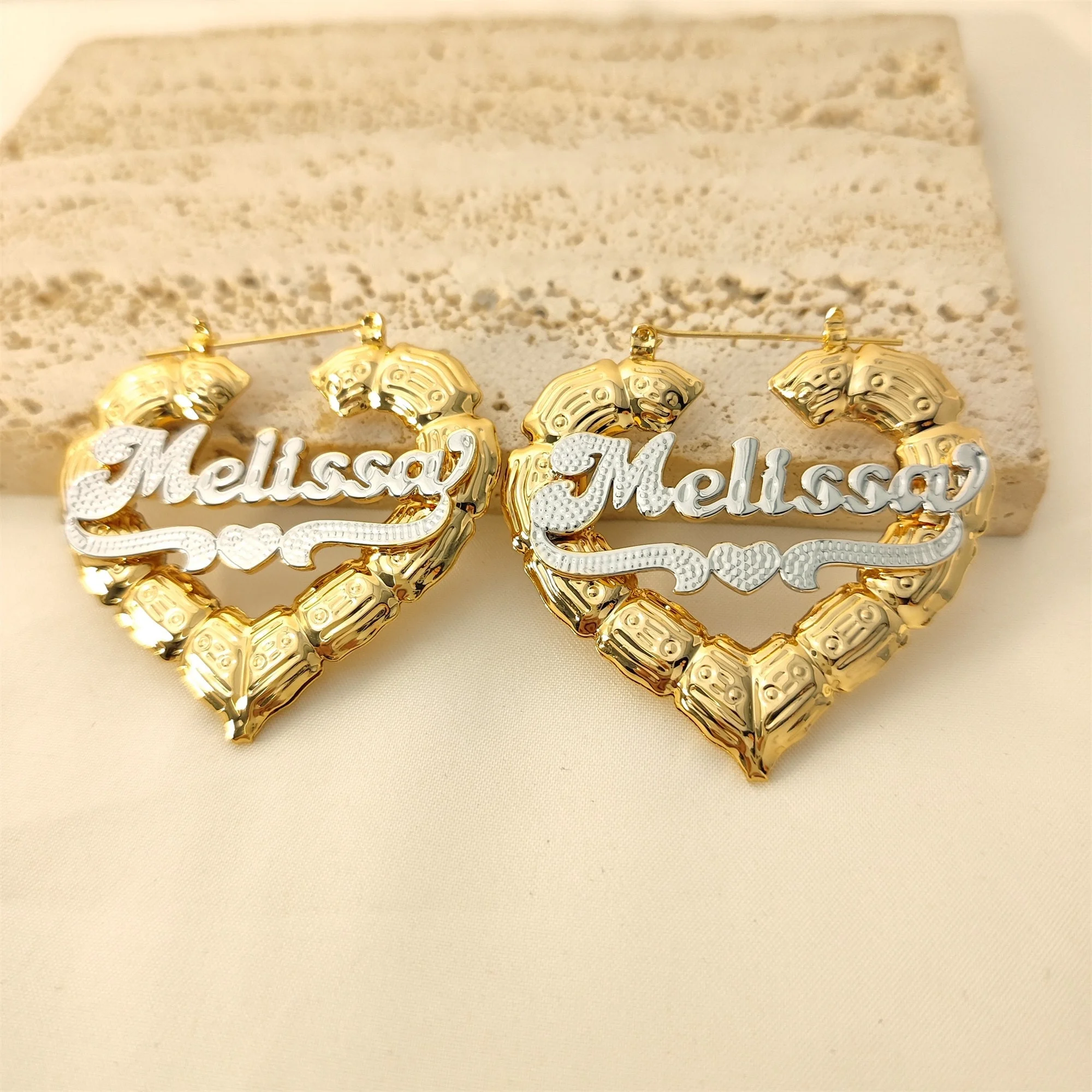 

Personalized Two Tone Name Earrings Custom Name Heart Bamboo Earring Handmade Gold Name Hoop Christmas Gift For Her