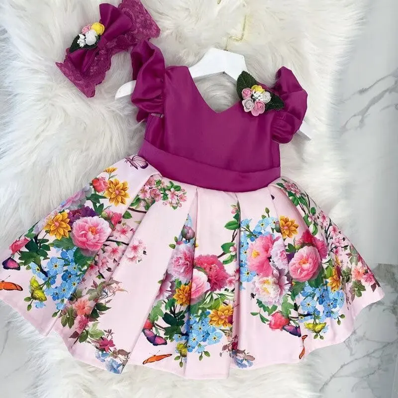 Summer Kids Princess Dress Girls Dress Floral Sleeveless Button Dresses +Headband Outfits Baby Girl Clothes 1-4Years