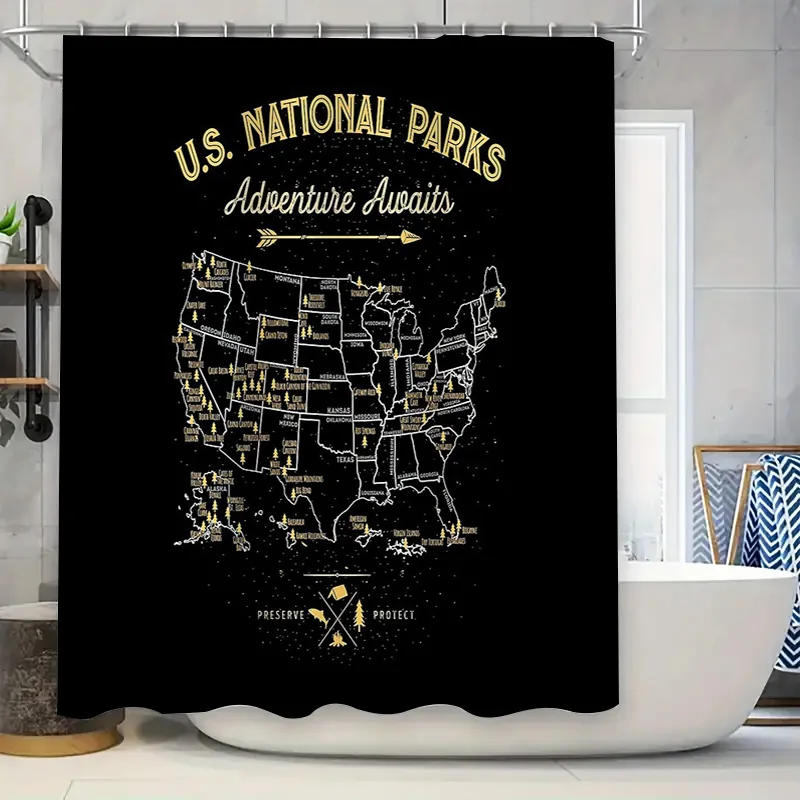 

USA National Park Map Shower Curtain Mountain Forest Hiking Nature Travel Decor Vintage Adventure Landscape Bathroom Set