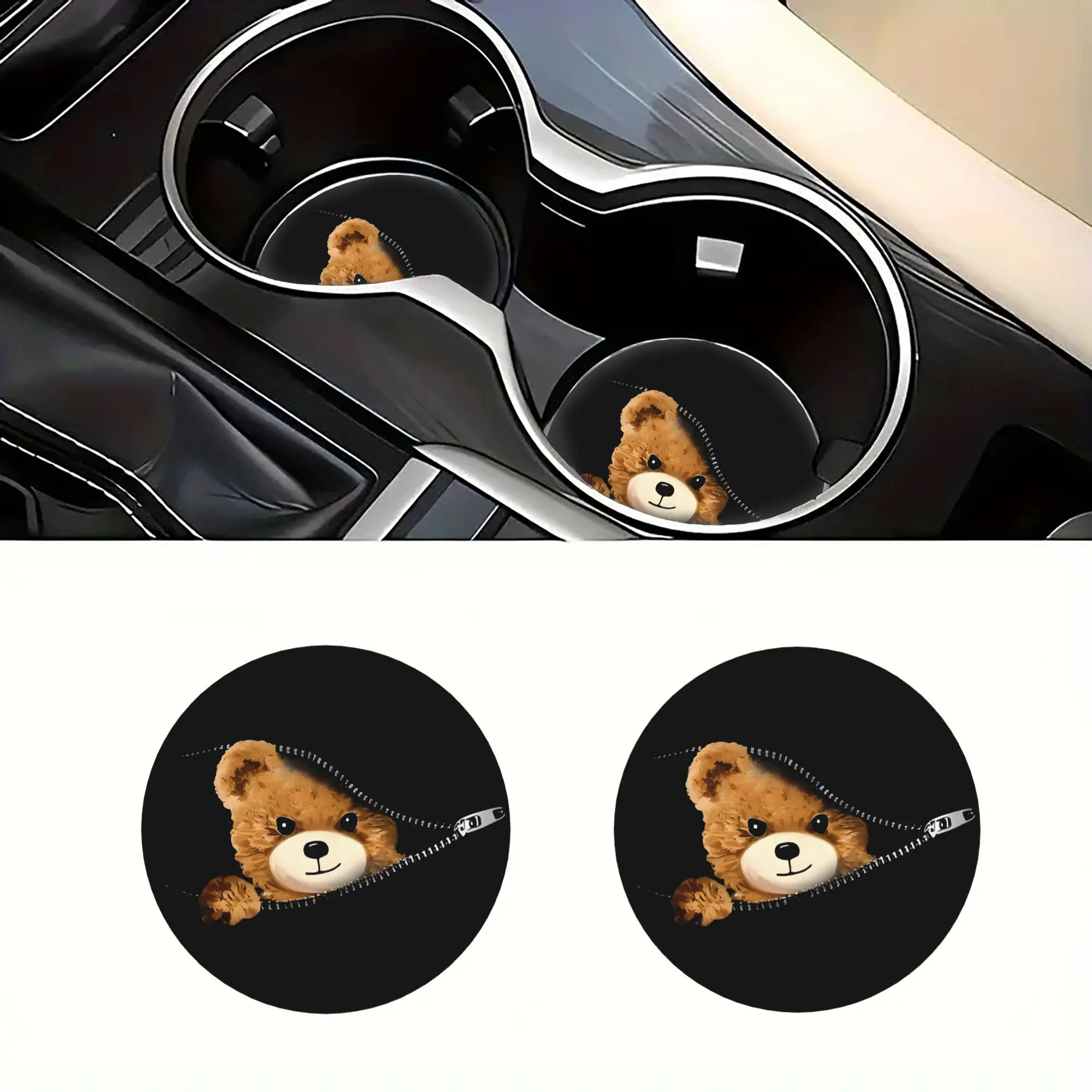 2-Pack Zipper Little Bear Head Car Cup Coasters | Non-Slip Cup Holder Pads For Men And Women, Universal Auto Additions