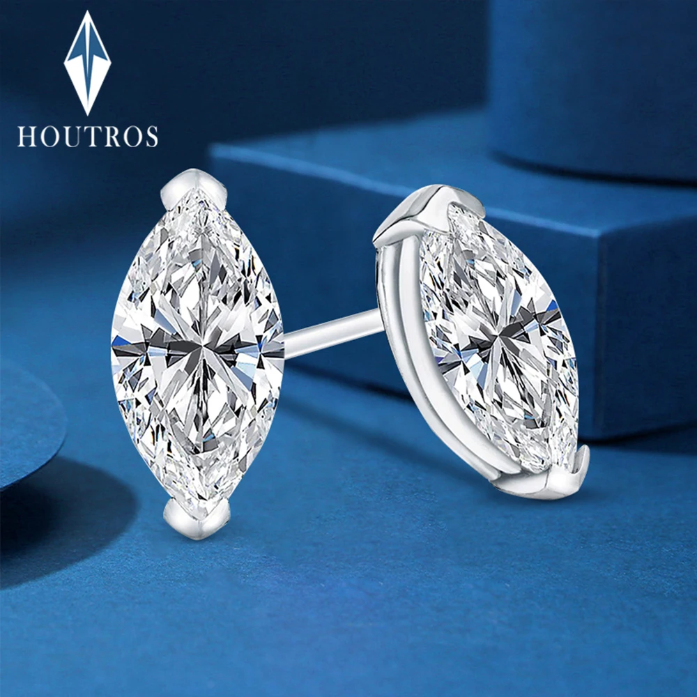 0.3-1 karat potongan Marquise Moissanite anting kancing 925 perak murni berkilau Lab berlian kancing telinga perhiasan GRA untuk wanita pria