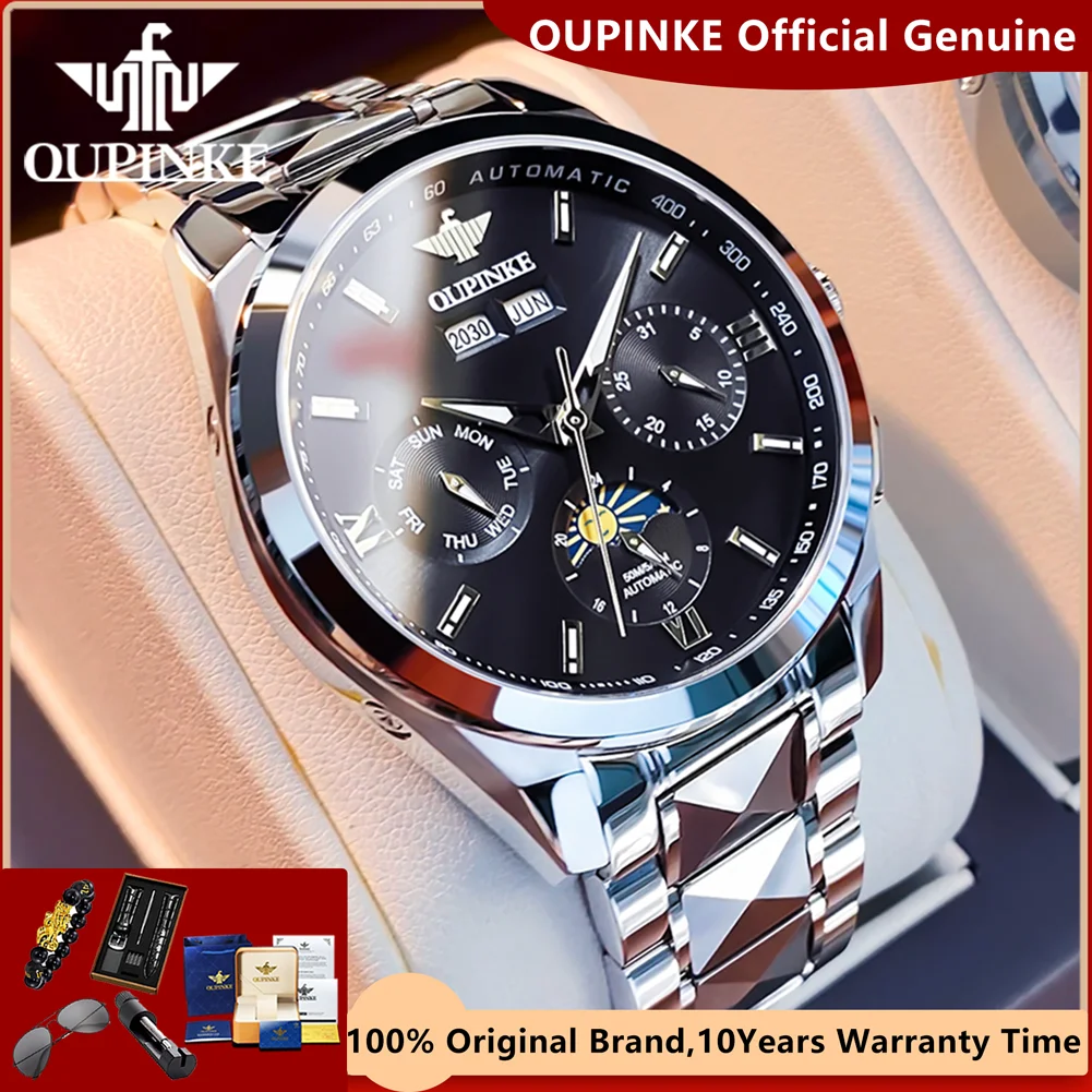 OUPINKE Moon Phase Fully Automatic Mechanical Watch for Men Tungsten Steel Strap Waterproof Luminous Calendar Men\'s Wristwatches