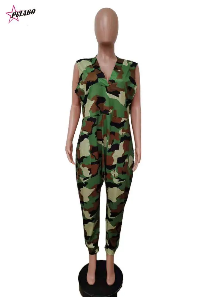 PULABO Women Casual Pocket Jumpsuits Summer Sexy Camouflage Letter Bandage Sleeveless Romper Jumpsuits Female One-piece Outfits