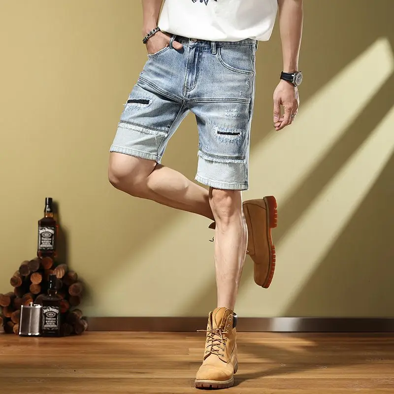New Personalized ripped Scratched and Handsome 2023 Versatile Men's Denim Mid pants  knee length jeans shorts cargo pants men