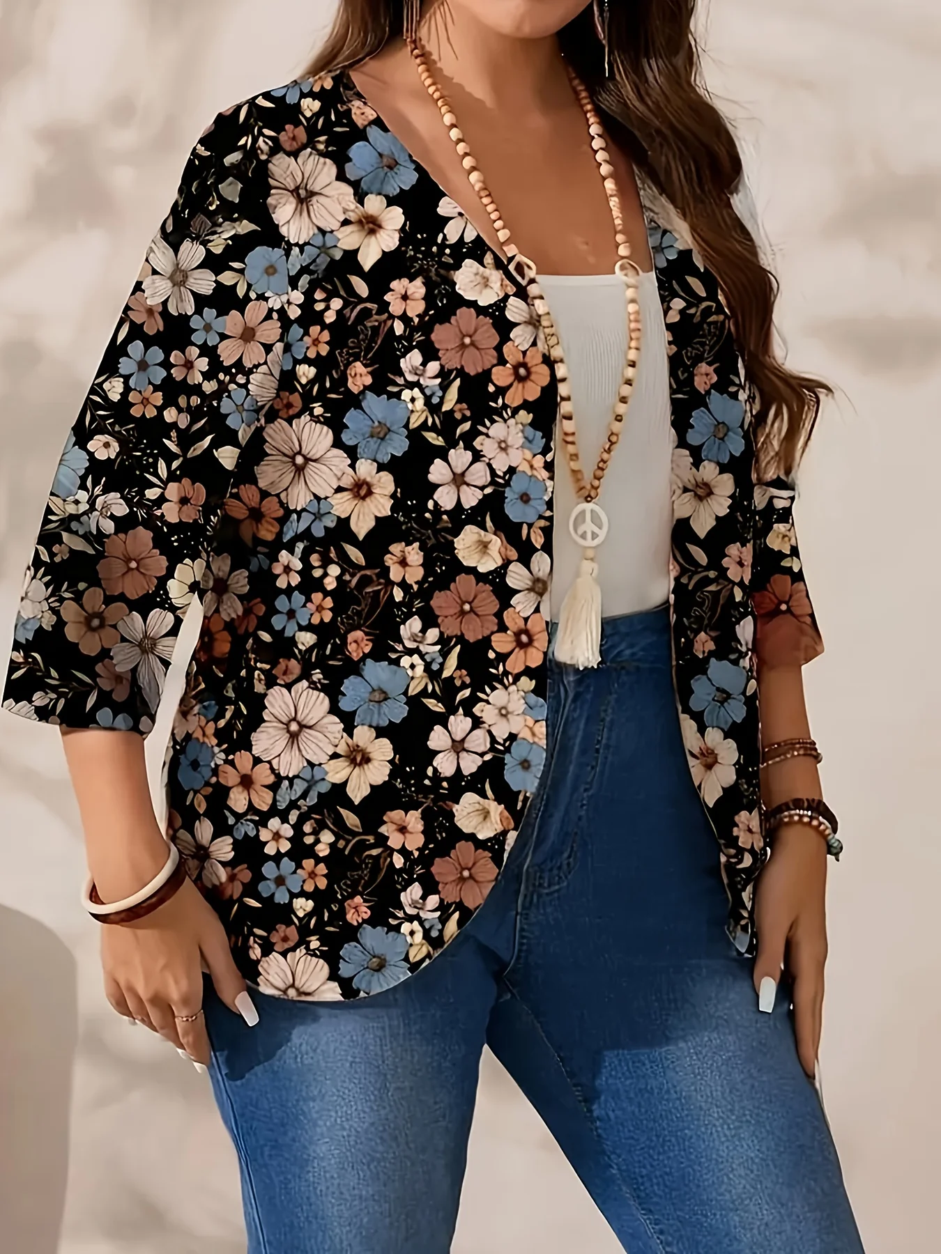 سترة كلاسيكية بطباعة زهور كبيرة الحجم، 3/4 أكمام، معطف نسائي رفيع أنيق ومتعدد الاستخدامات. #3