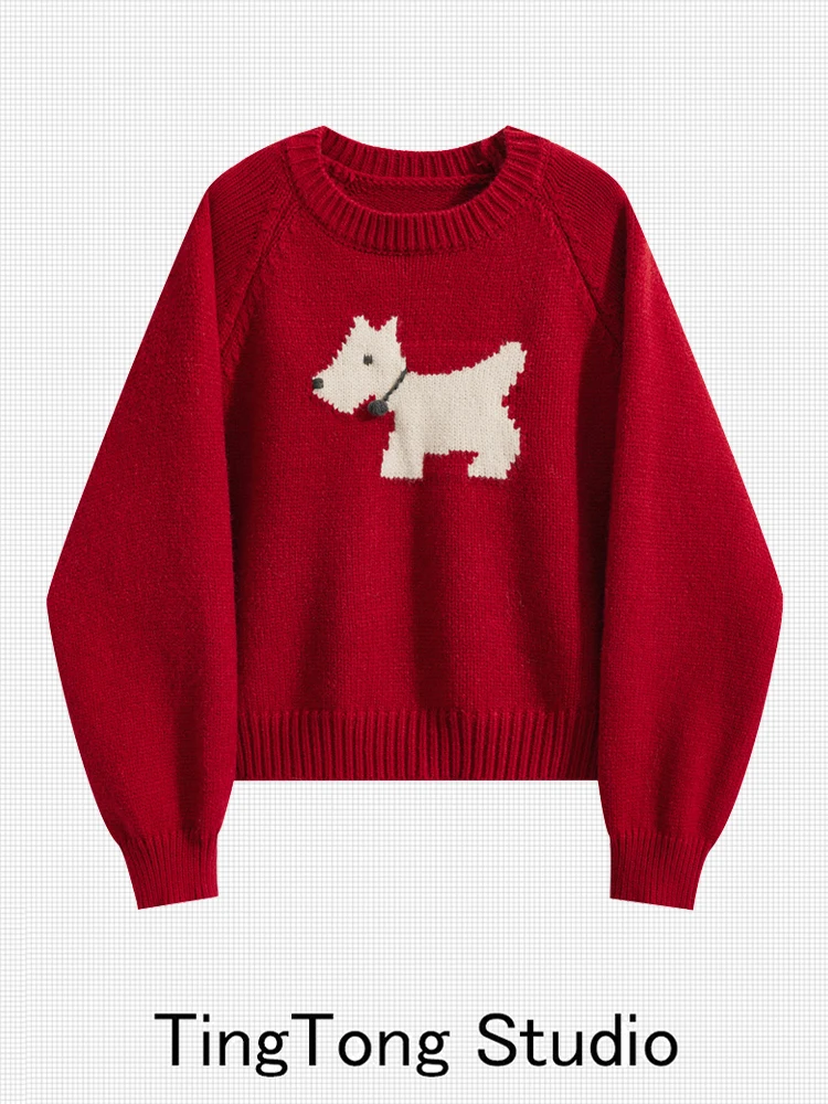 

Red Knitted Sweater Women's round Ne Cisas Cartoon Dog Pattern New Year's Faion Autumn Winter New Arrival Warm Top