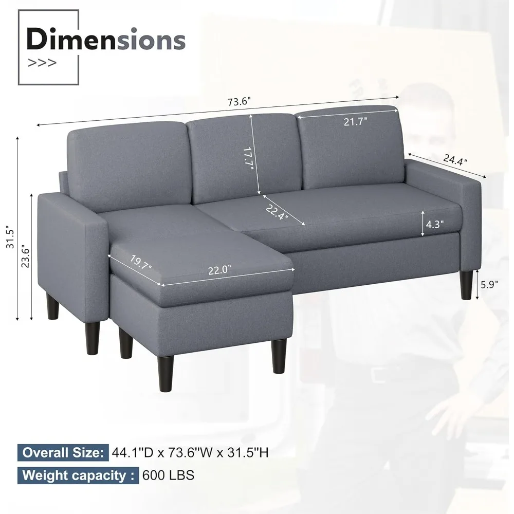 Sectional Sofa Couch for Living Room, Small 3-Seat L Shaped Couch with Chaise, Convertible Sofa Clearance Set