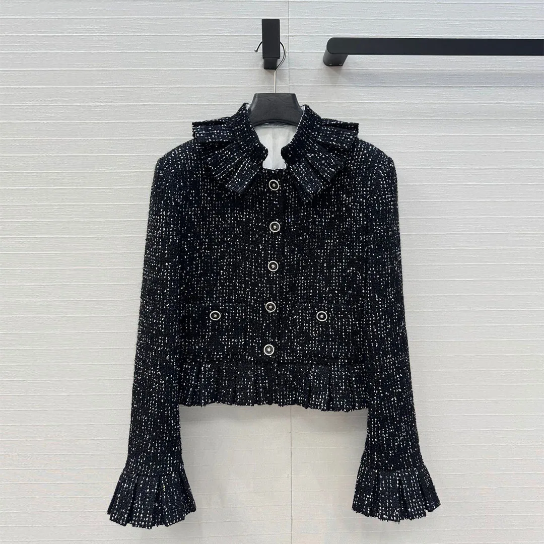 

Luxury Sequins Black Tweed Jacket Women Vintage Sweet Ruffles O-neck Flare Sleeve Buttons Slim Waist Pleated Short Design Coat