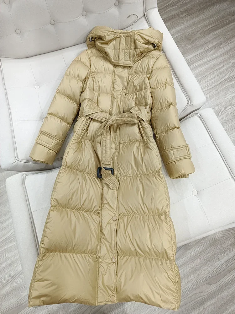 New Winter Thick Warm Long Jacket Women High Street Hooded 90% White Duck Down Coat Slim Zipper Lace-up Snow Outwear