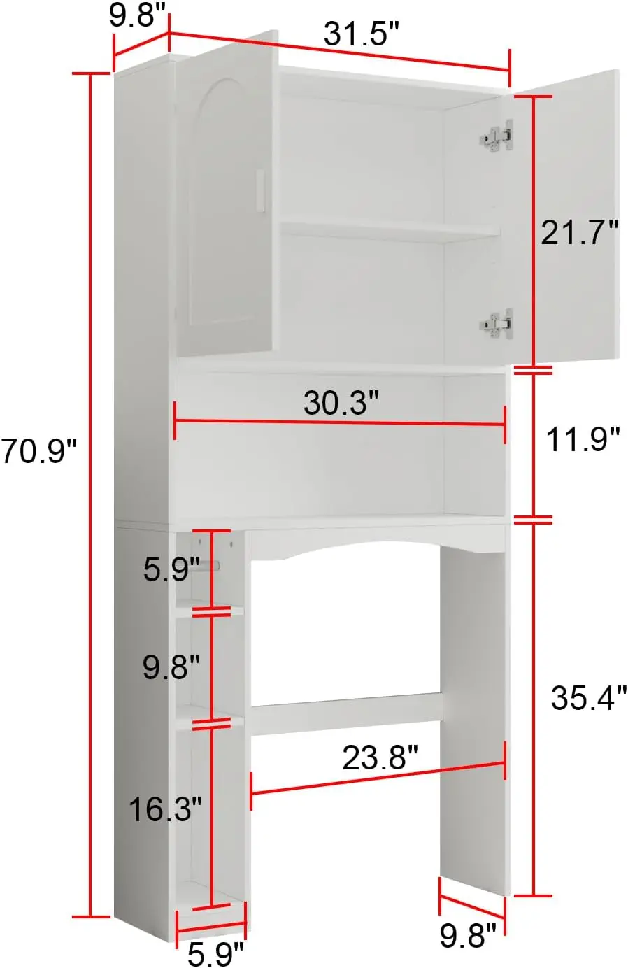 ドア付きトイレ収納キャビネット、6段オーガナイザーシェルフ、トイレパップ付きバスルームシェルフ、75.1 "h