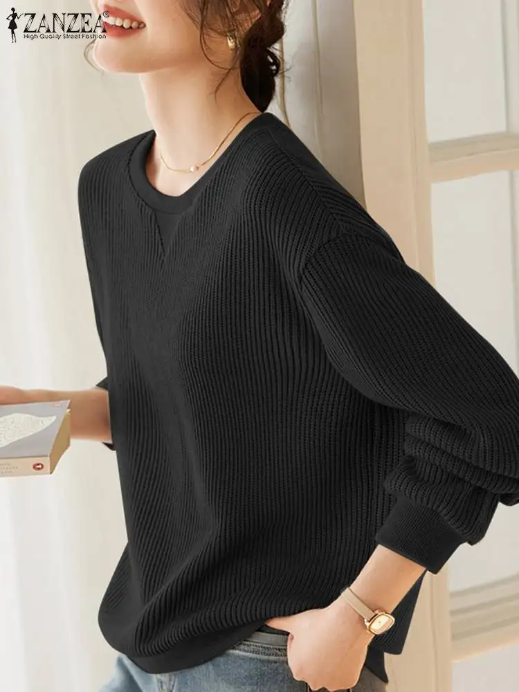 ZANZEA Long Sleeve Casual Loose Blouses Korean Fashion Ribbed Knitted Autumn Streetwear Sweatshirts Women O Neck Pullover Tops