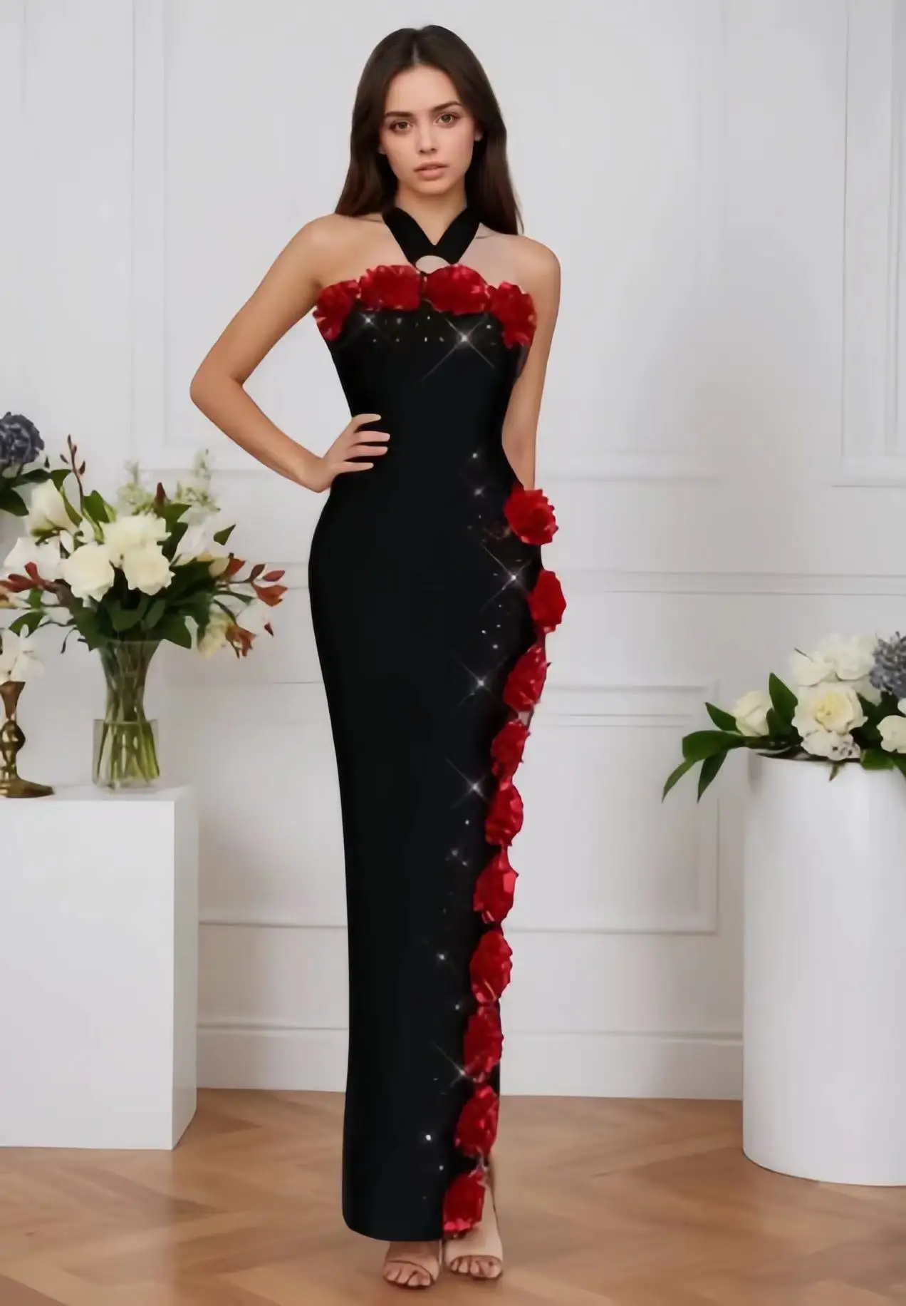 Nuevo vestido largo Bandage con flores de diamante blanco y negro de un hombro para mujer, vestidos elegantes de fiesta de noche para celebridades y cumpleaños de lujo