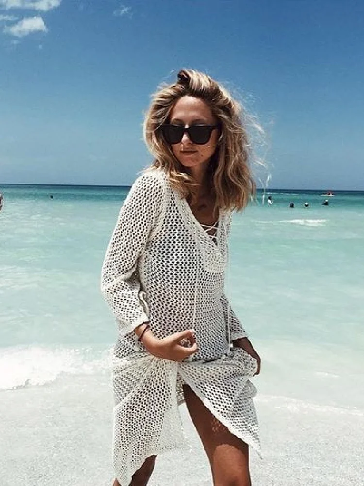 New Arrivals Sexy Beach Cover up Crochet White Swimwear Dress Ladies Bathing Suit Cover ups Beach Tunic Saida de Praia #Q188