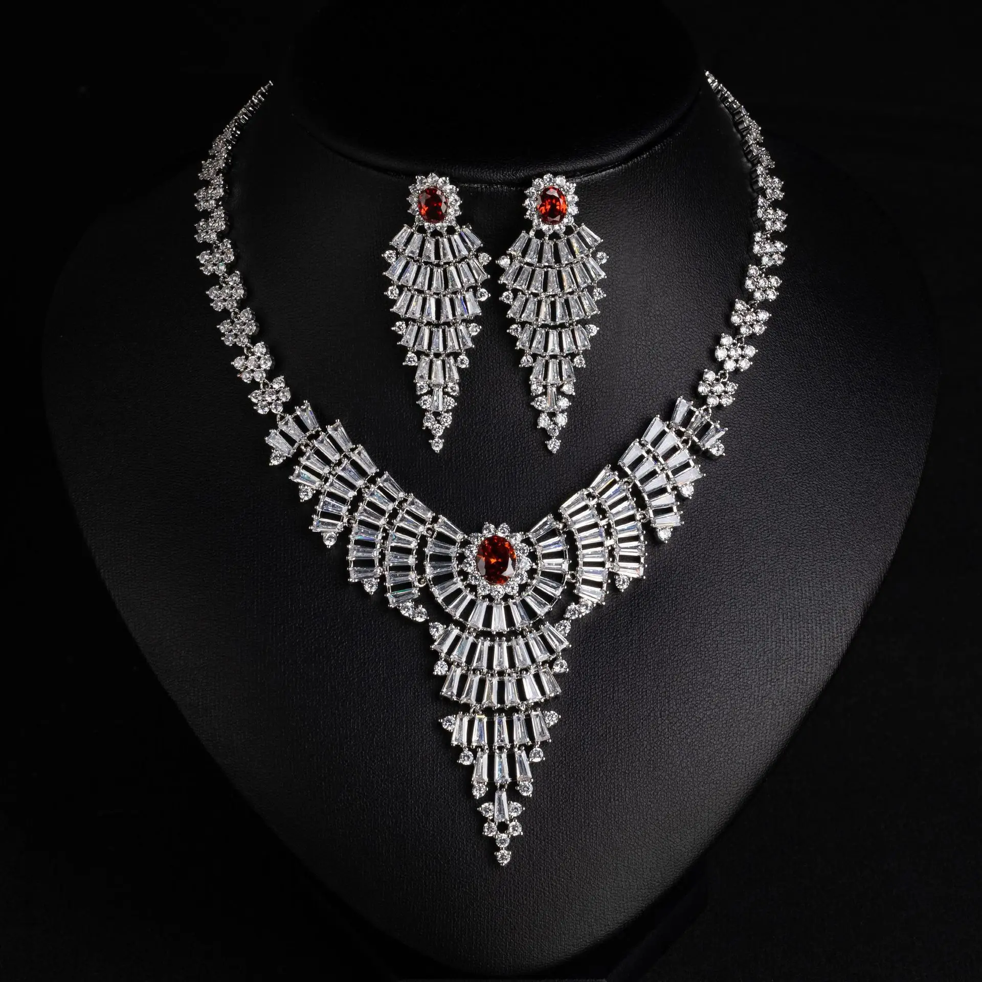 Light Luxury Geometric Cubic Zircon Tassel Necklace & Earring Set, Bridal Wedding Dress Accessories, High End Jewelry Set for Wo