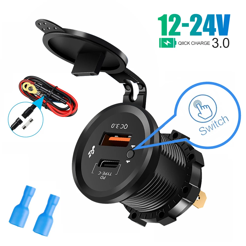 Tomacorriente Doble USB 12/24V con Interruptor de Botón, 40W QC3.0 y PD3.0, Cargador USB-C para Auto, RV, Motocicleta, Barco, Camión
