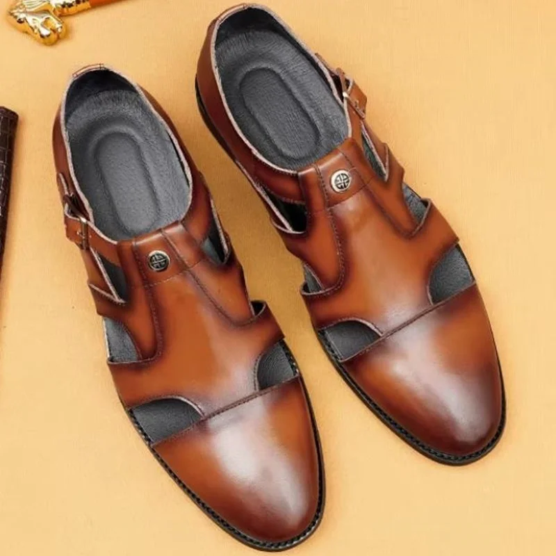Summer New Style Breathable Cowhide Leather Shoes Men Striped Toe-covering Roman Sandals Business Casual Buckle Shoes Brown