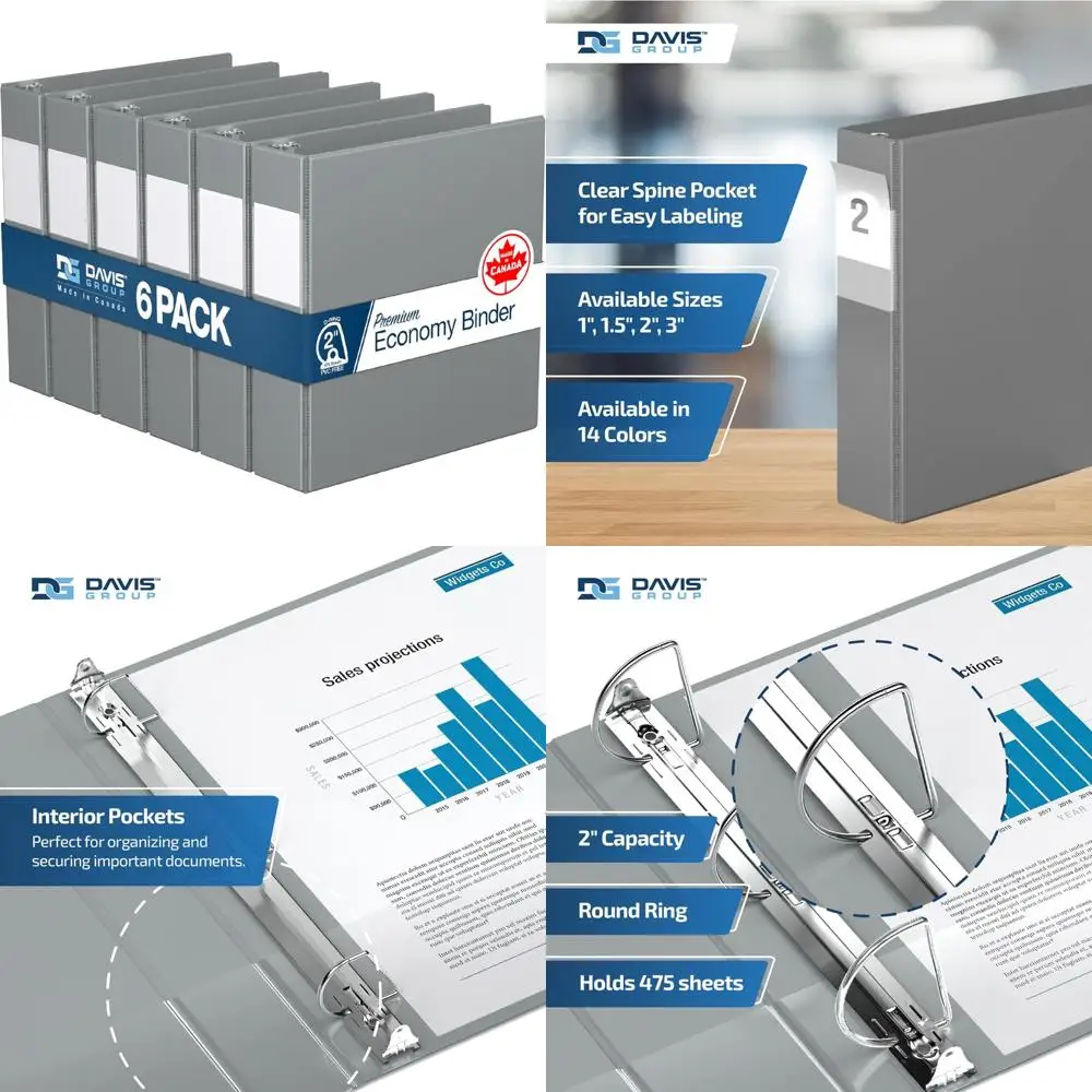 

Premium Economy 6-Pack D-Ring Binders for School and Office Use, 2 Inch Capacity, Gray, Ideal for Organizing Documents