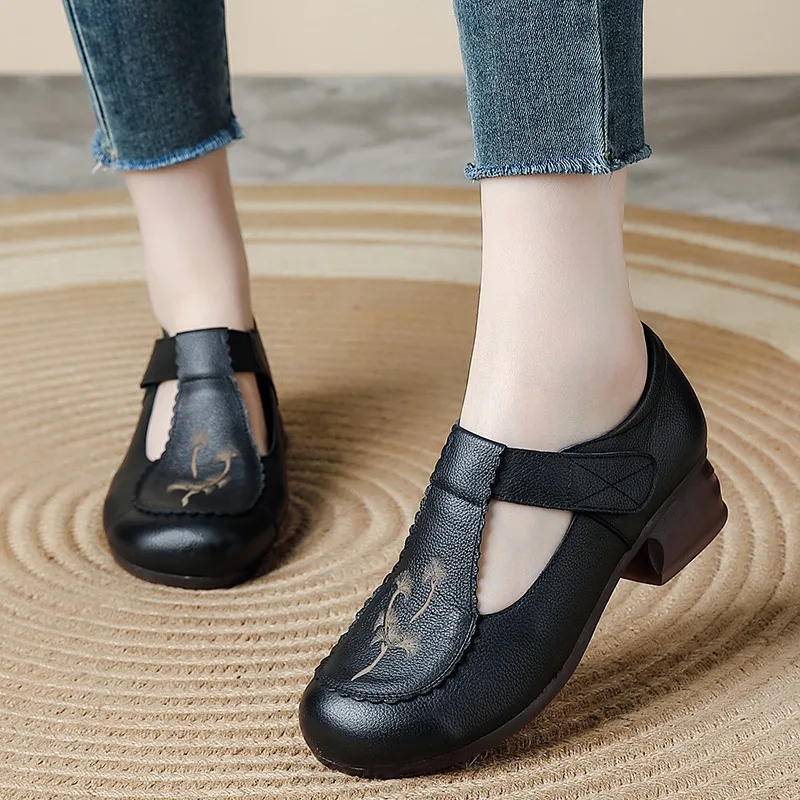 

New 3 cm heel pumps shoes for women autumn T strap low heels woman elegant antique genuine leather strappy pumps party shoes mom
