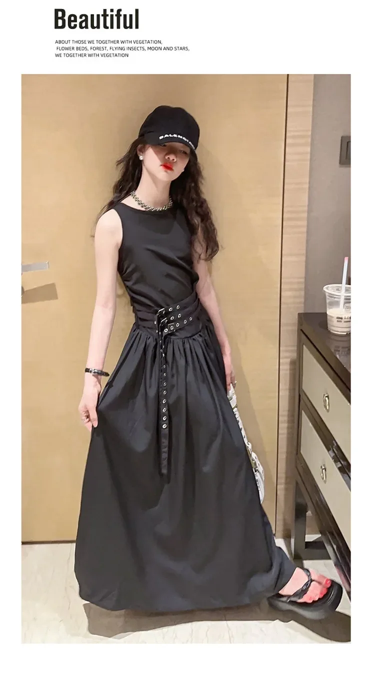 Girls Summer Black Dress 2024 New Fashion Vest Princess Dresses for Kids Waist-cinching Belt Slim Teenage School Child Clothes