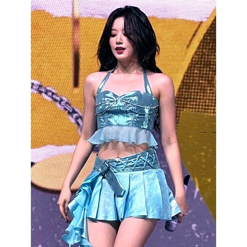 

Комплект в стиле K-pop: металлический синий топ-халтер и юбка с рюшами, женский сексуальный костюм для джазовых танцев, сценического выступления, костюм для гоу-гоу танцовщиц