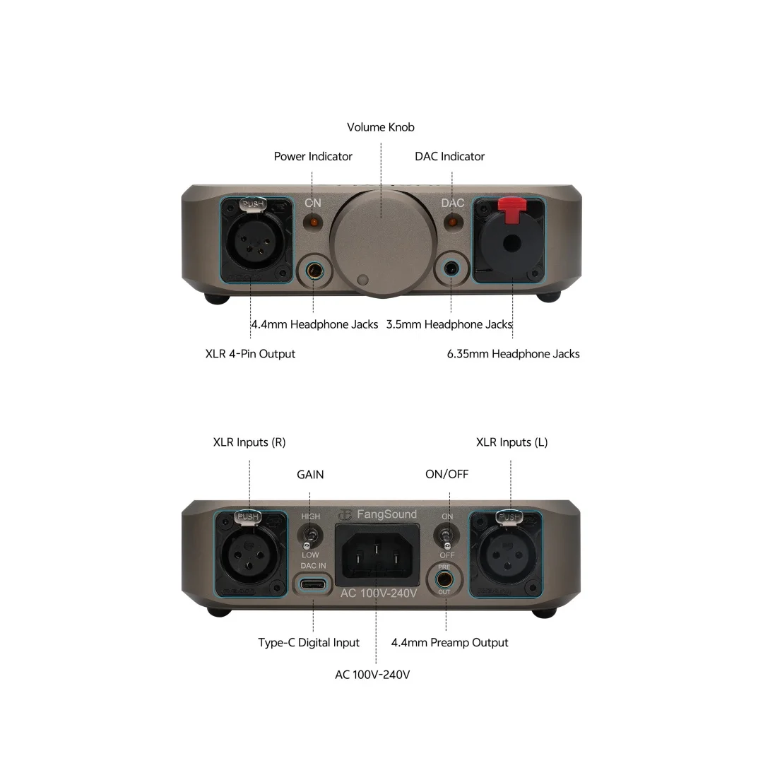 FangSound Silenos متكامل DAC/مضخم سماعة الرأس/Preamp مخرج عالي الطاقة ودقة فك تشفير R2R وتصميم مدمج مدمج