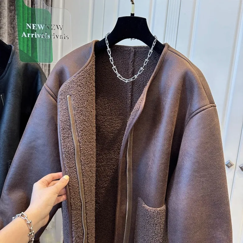 Super süßer Damen-Reißverschluss-Pelz-Patchwork-Einteiler mit Rundhalsausschnitt, warmer, lässiger Winter-Bestseller-Mäntel und Jacken für Damen