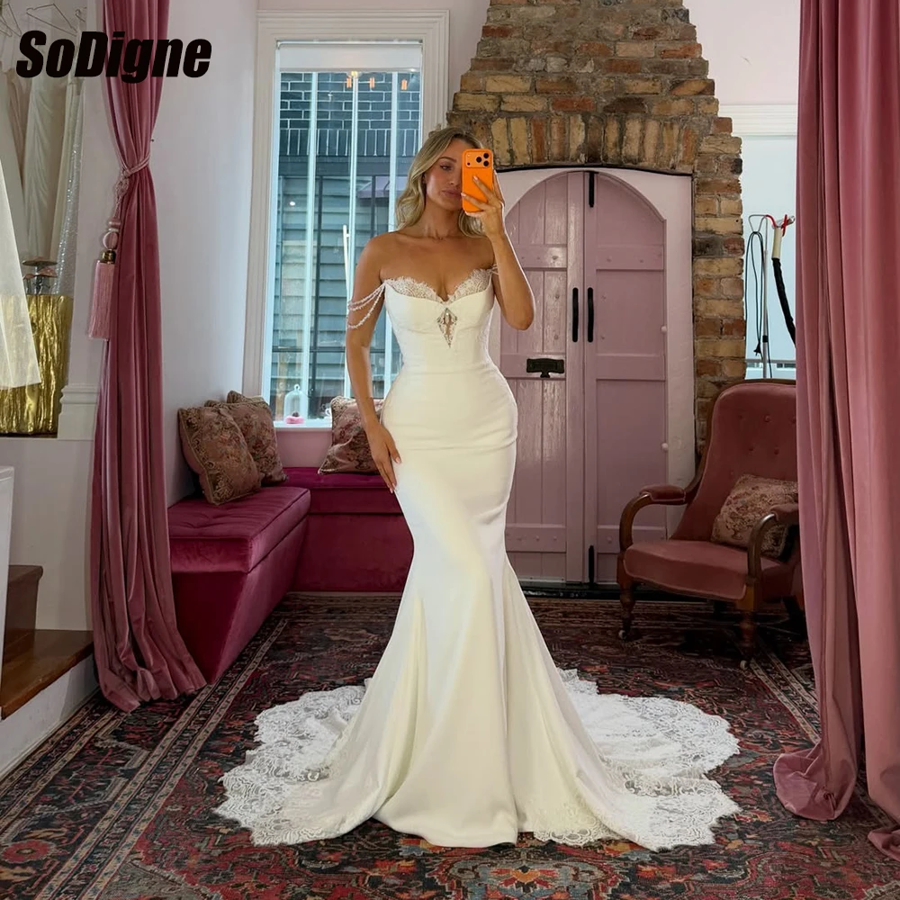 SoDigne Mermaid Lace/Satin Wedding Dresses Sweetheart Off Shoulder Bridal Dress Long Bride Gown Vestidos De Novia Customized