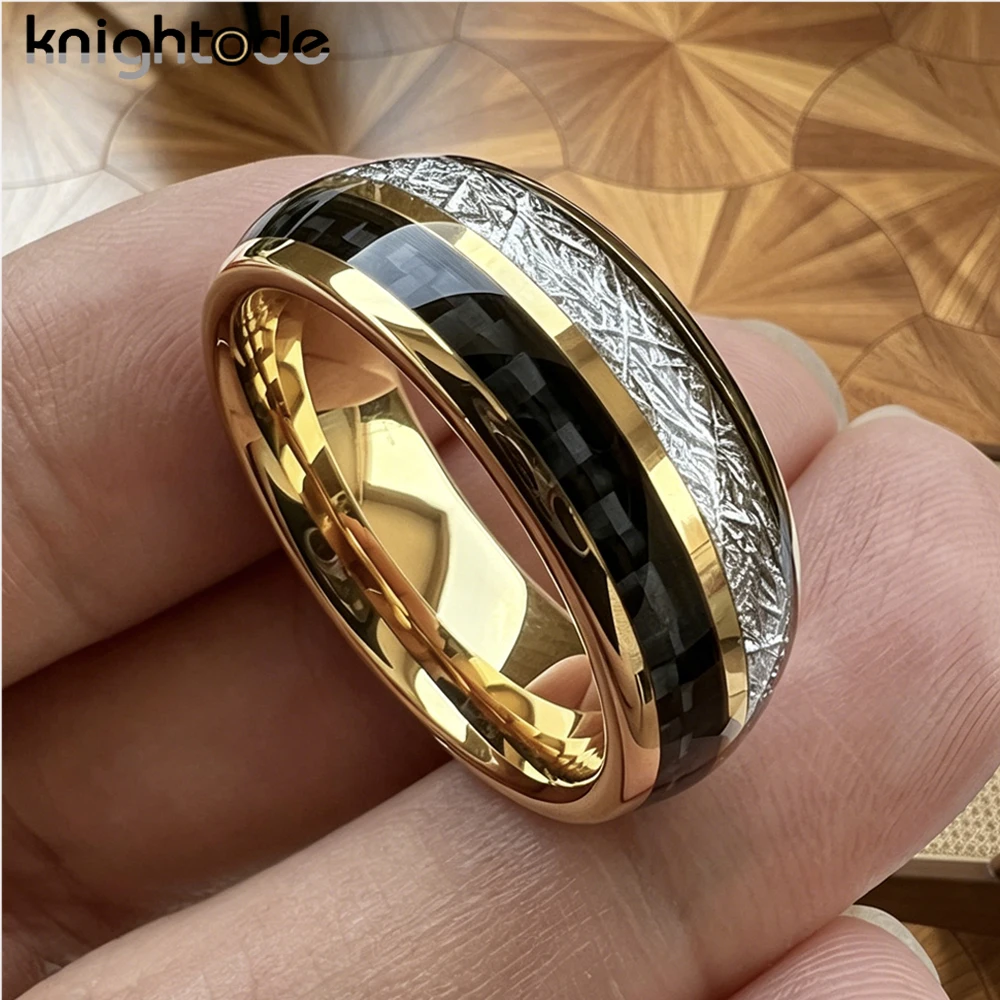 8mm Men\'s Tungsten Carbide Wedding Band White Meteorite/Black Carbon Fiber Valentine Engagement Ring Dome Polished Comfort Fit